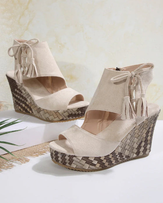 👡Damen-Sandalen mit offener Zehenpartie und Plateau-Keilabsatz und Quaste