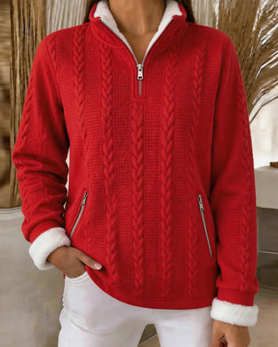 Sweatshirt Zopfstrick Fleece-gefüttert Halber Reißverschluss
