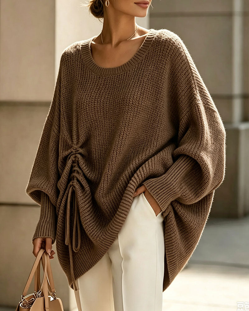 Pullover Rundhals Kordelzug Locker Uni Gestrickt