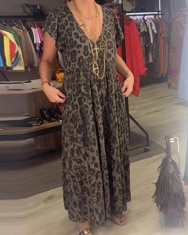 Kleid V-Ausschnitt Leopard Kurzarm