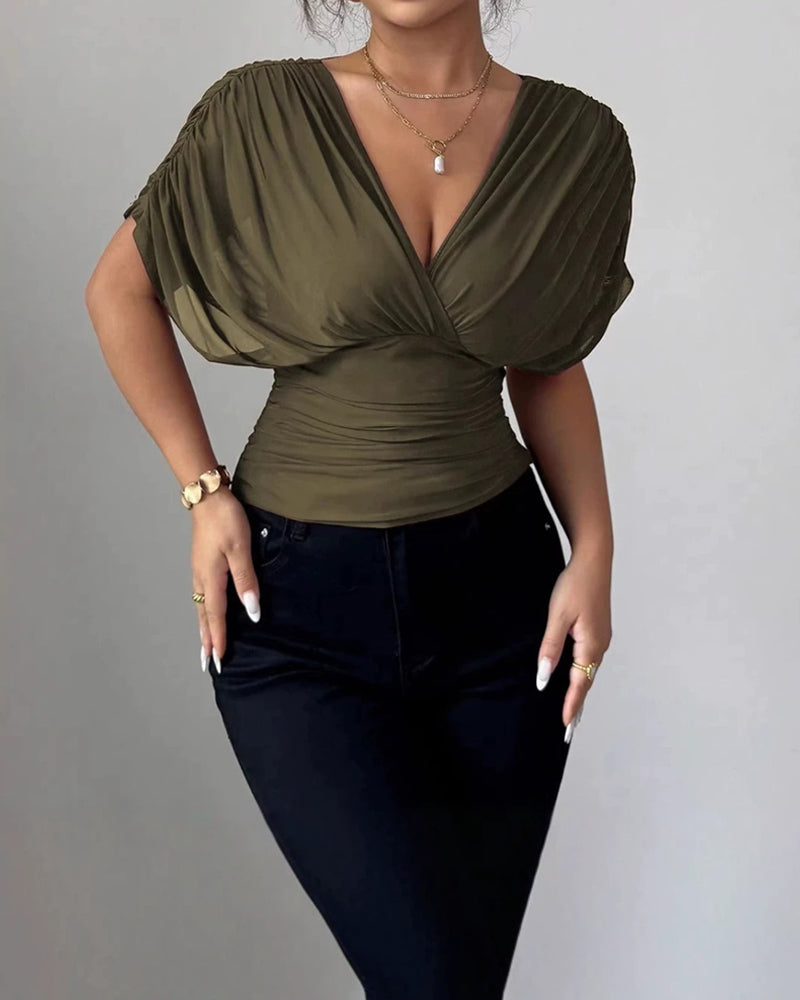 Bluse Uni Farbe Tiefer V-Ausschnitt Taille Kurzarm