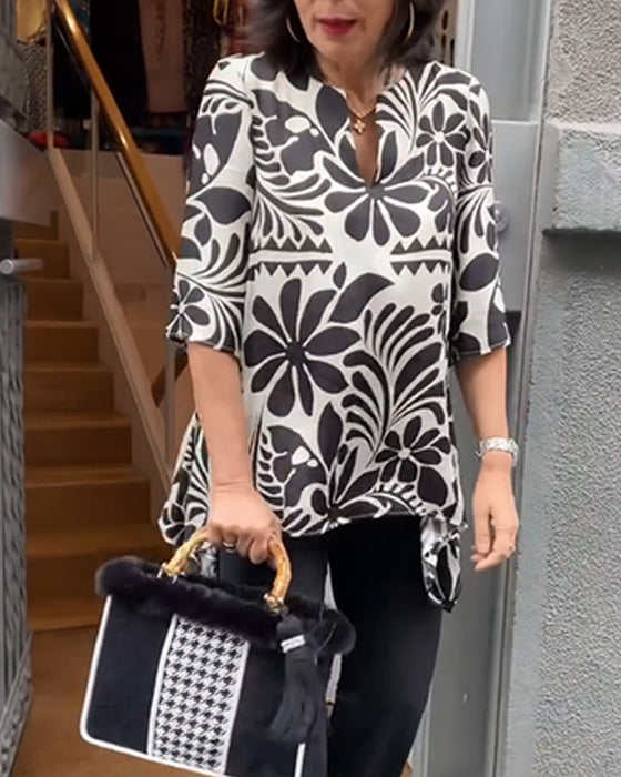 Bluse Vintage Halber Ärmel Bedruckt