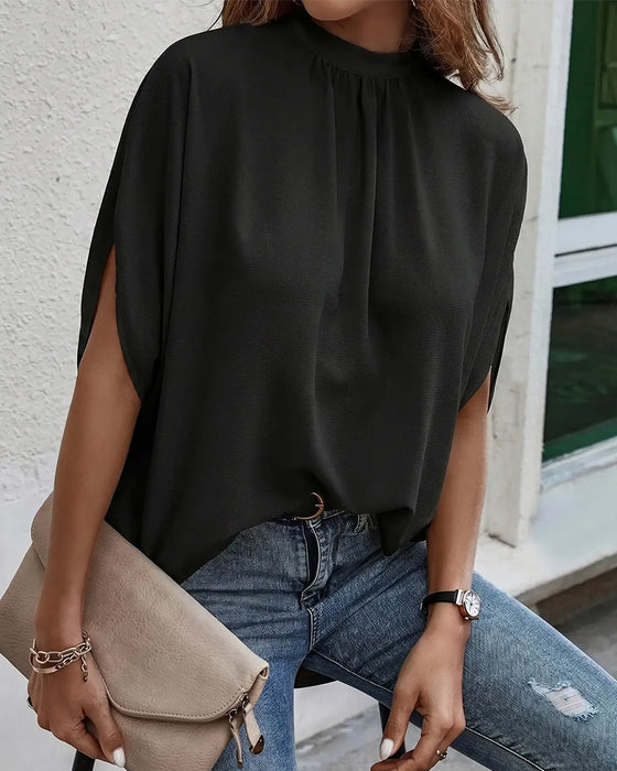 Bluse Mock Neck Plissiert Dreiviertel Ärmel Uni