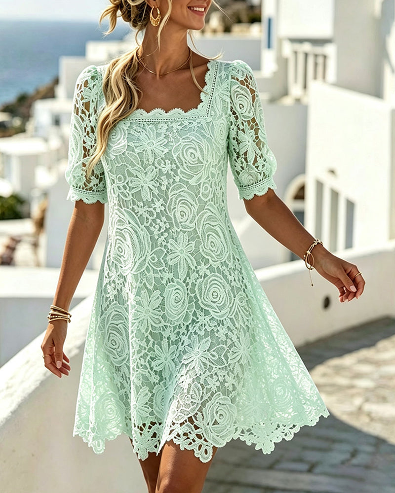 Kleid Spitze Patchwork Ausgeschnitten Quadratischer Ausschnitt