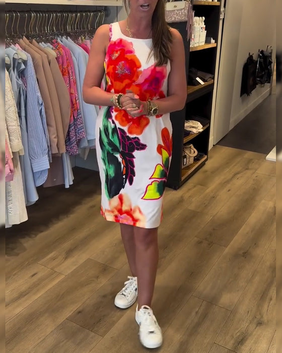 Kleid Aquarell Große Blume Ärmellos Hüfte