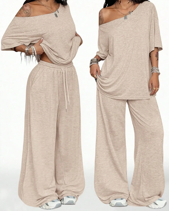 Set Schräger Hals Kordelzug In Der Taille Weit Bein Hose