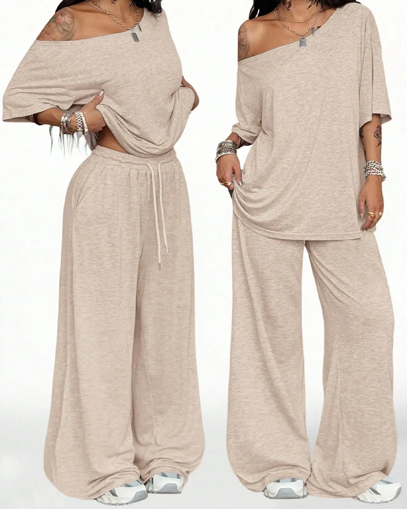 Set Schräger Hals Kordelzug In Der Taille Weit Bein Hose