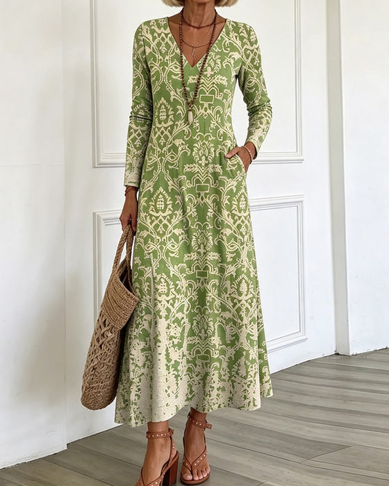 Kleid V-Ausschnitt A-Linie Langarm Maxi