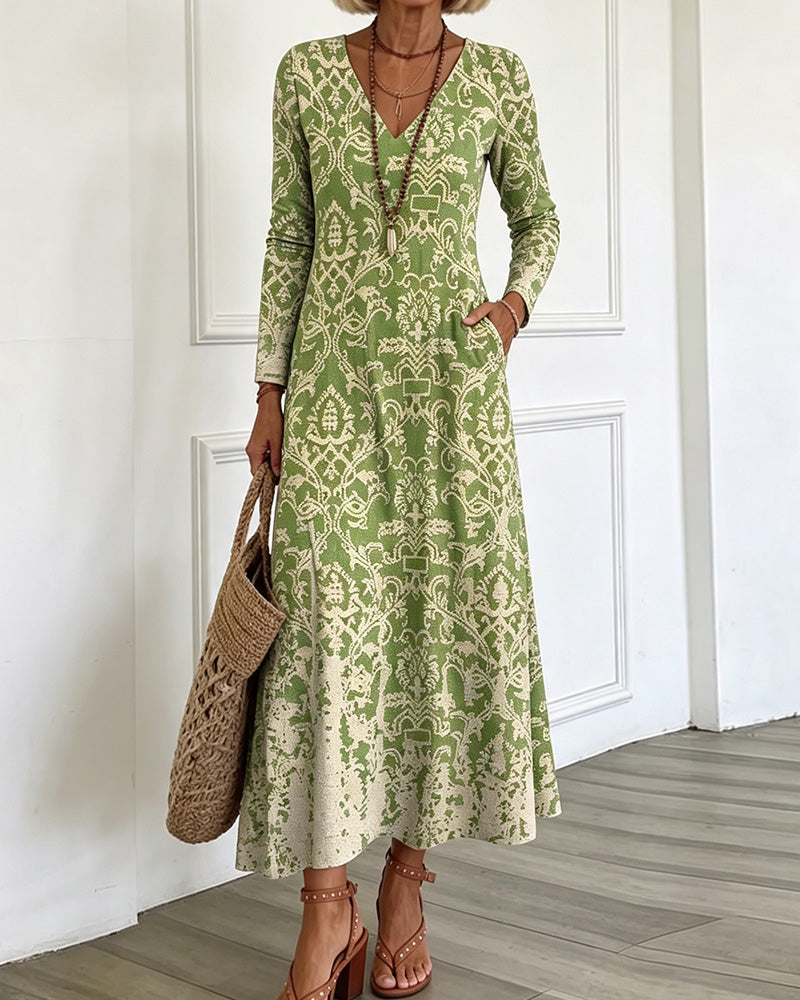 Kleid V-Ausschnitt A-Linie Langarm Maxi