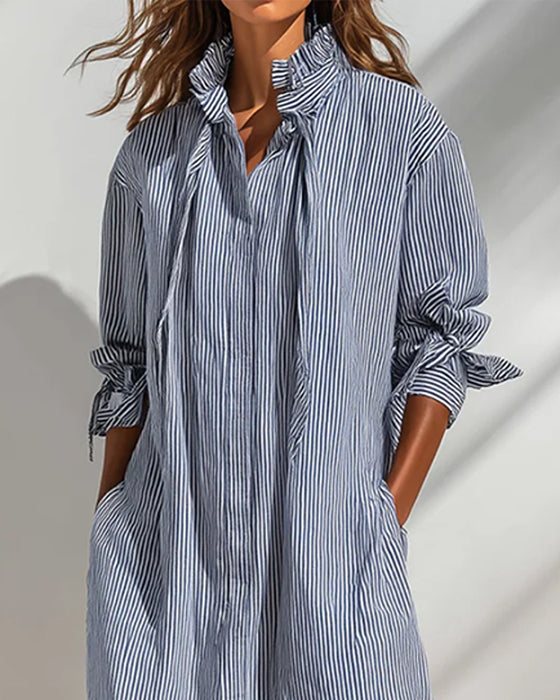 Kleid Lässig Stehkragen Gestreift Schlitz