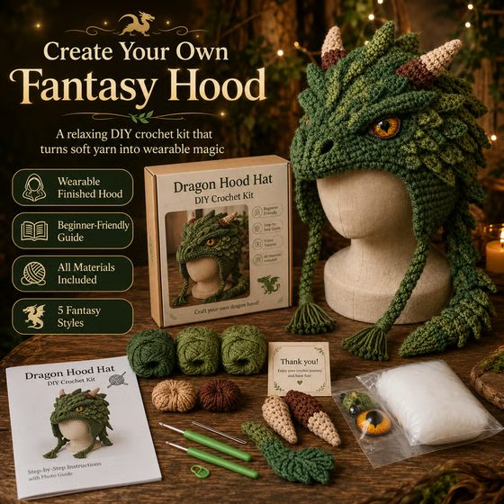 🐉✨ DIY‑Häkelset: Fantasy Kapuzenhut 🧶🎭✨