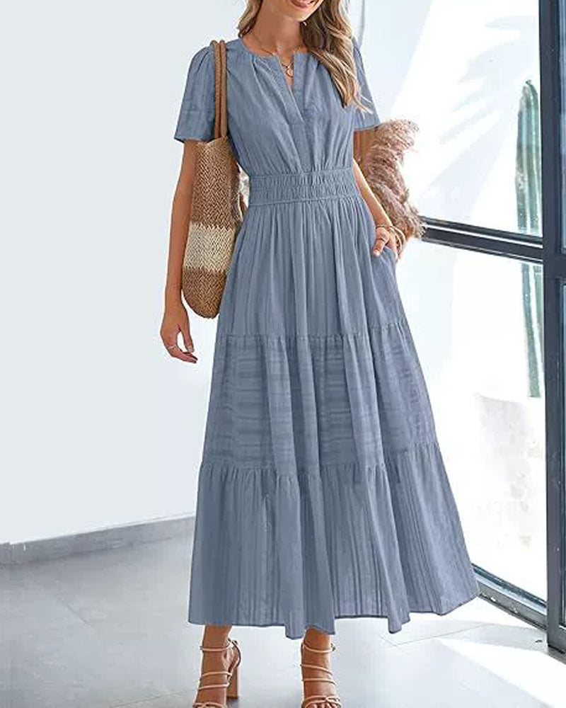 Kleid V-Ausschnitt Gerafft Puffärmel Kurzarm