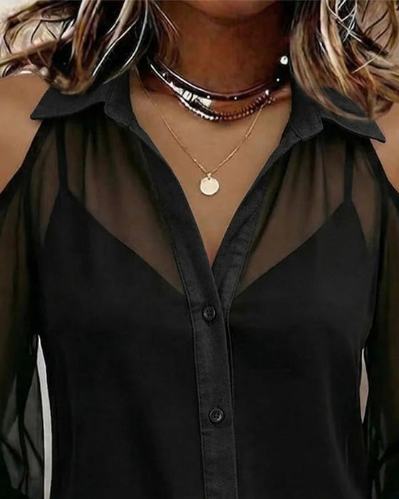 Zweiteilig Set Kragen Nackte Schulter Durchsichtig Bluse Top