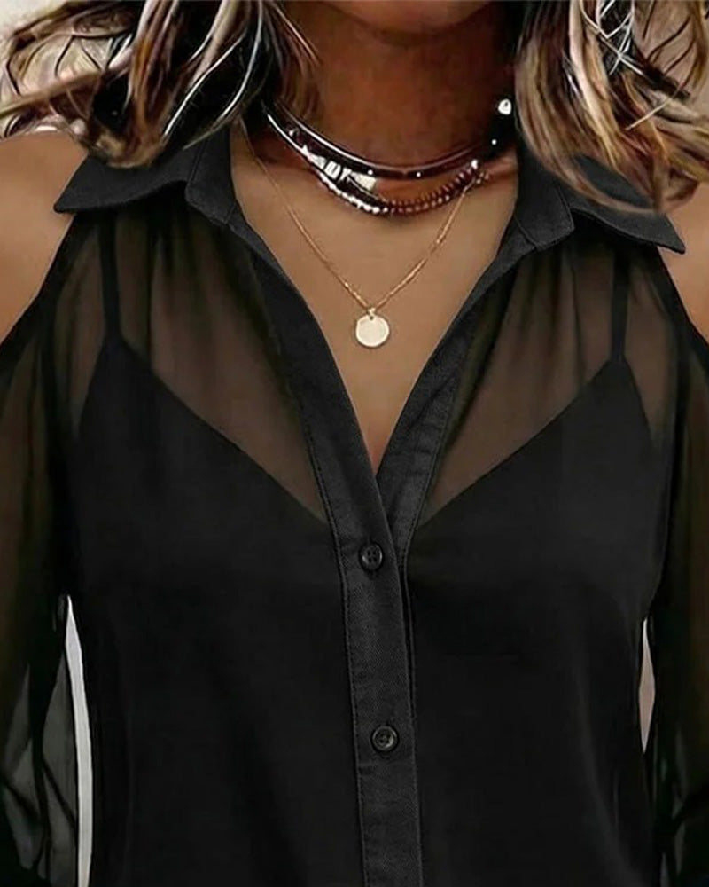 Zweiteilig Set Kragen Nackte Schulter Durchsichtig Bluse Top