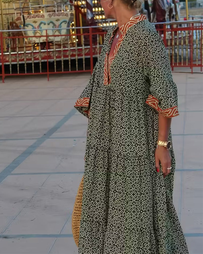 Kleid V-Ausschnitt Dreiviertelärmel Druck Urlaub