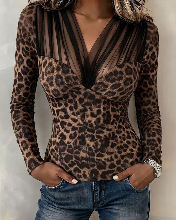 Oberteil Transparent V-Ausschnitt Leopard