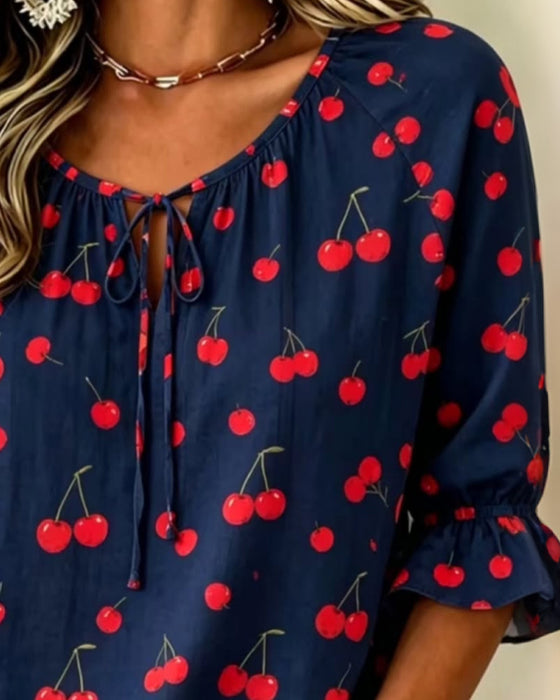 Bluse Kirschen Print Bindung 3/4 Ärmel