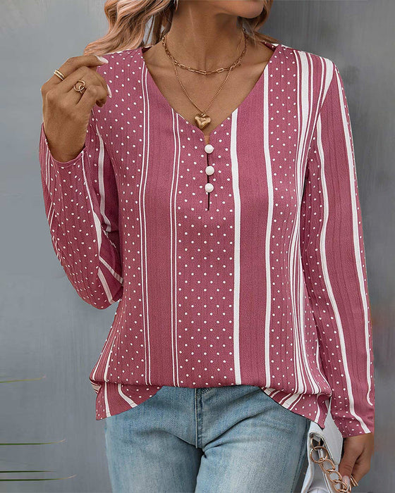 Geknöpftes, langärmliges Oberteil mit Polka Dots und Streifen