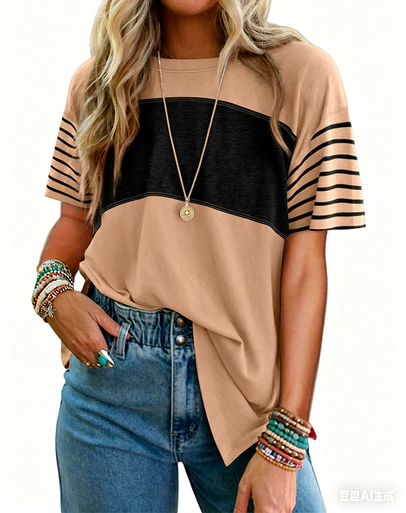 T-Shirt Pullover Gestreift Farbblock Kurzarm