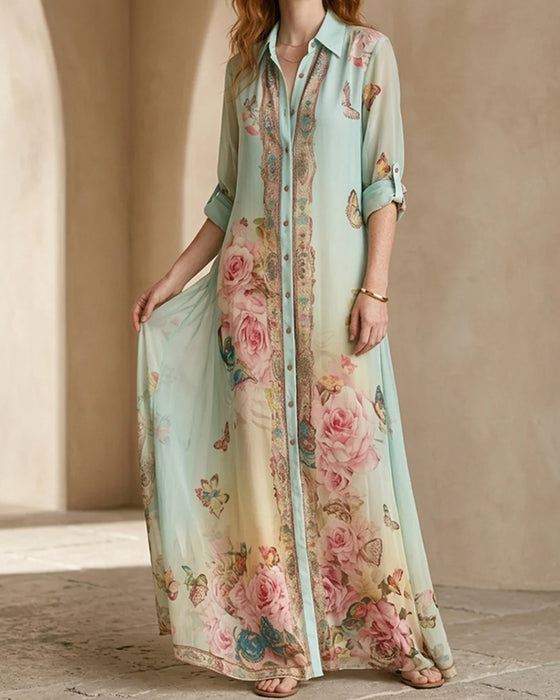 Kleid Revers Schmetterling Rose Print