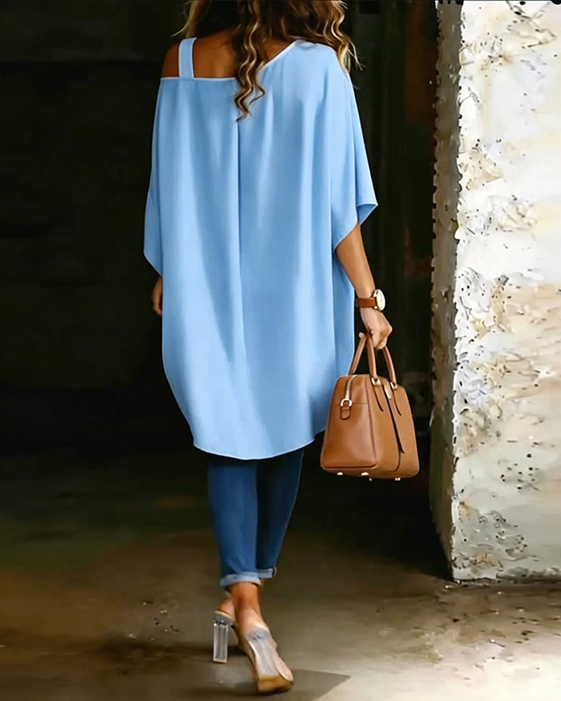 Bluse Asymmetrisch Cold Shoulder Einfarbig Lässig