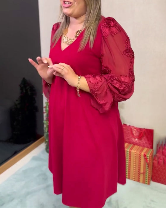 Kleid Puffärmel Tüll Eingesetzt V-Ausschnitt Lockere Passform