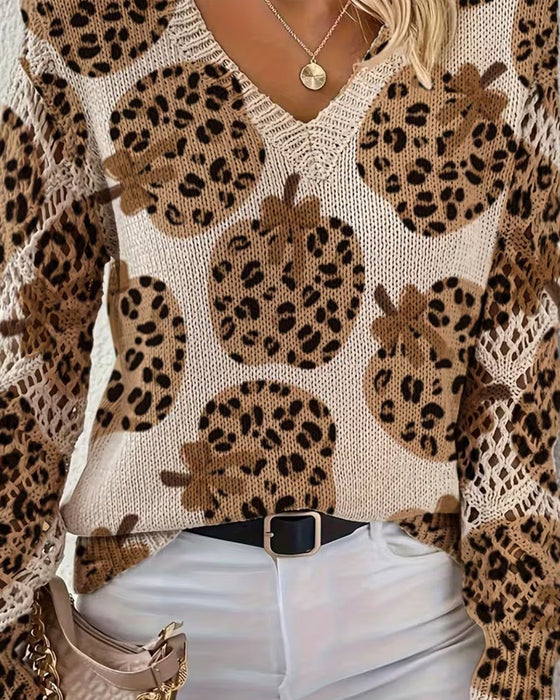 Pullover Leopard Kürbis V-Ausschnitt Ausgeschnitten