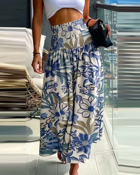 Hose Hoch Tailliert Blumenmuster Gummibund Weit Bein