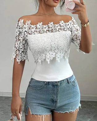 Bluse Off-Shoulder Blumig Spitze Oberteil