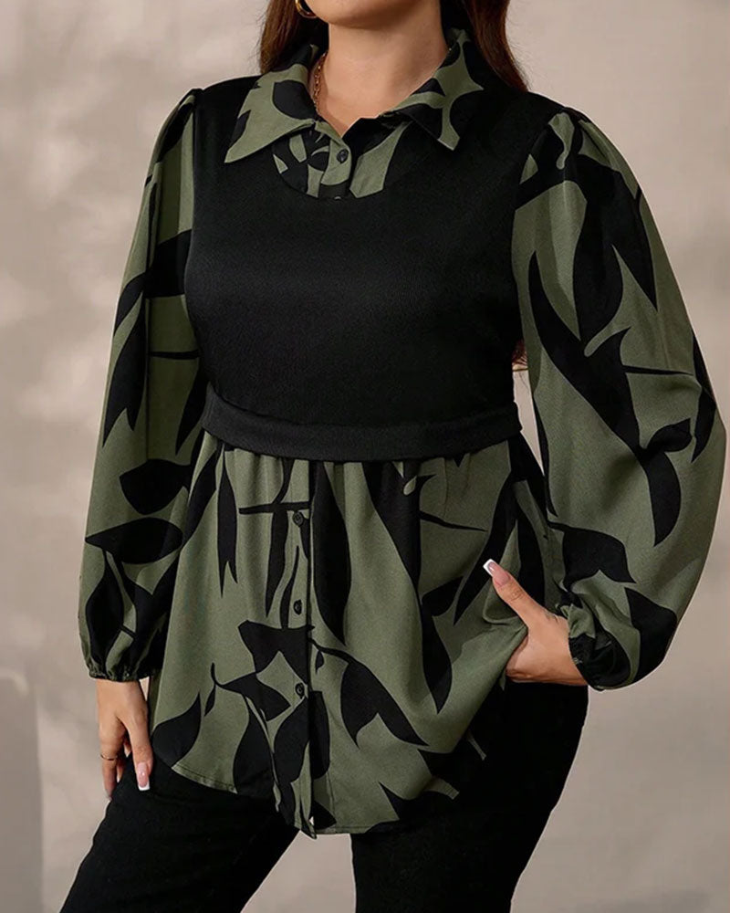 Top Fake Zweiteilig Patchwork Blattprint