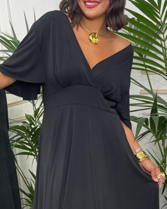 Kleid V-Ausschnitt Einfarbig Taille