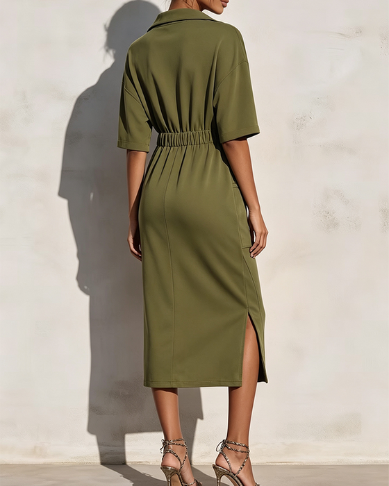Kleid Reißverschluss Revers Taille Tasche