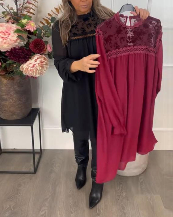 Kleid Mit Spitzenausschnitt Detail, Puffärmel-Design Und Eleganter Aura