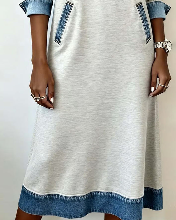 Lässiges Kleid mit Revers aus Denim-Patchwork