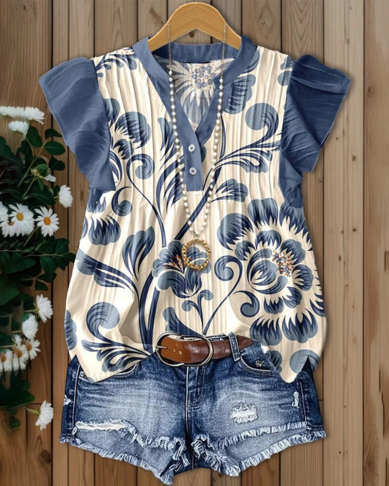Bluse Blumenprint Kleiner Schmetterlingsärmel