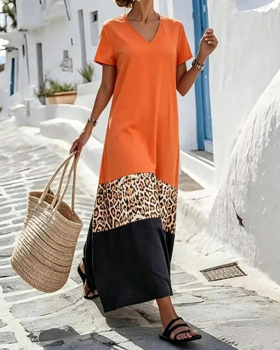 Maxikleid V-Ausschnitt Farbblock Patchwork Leopard