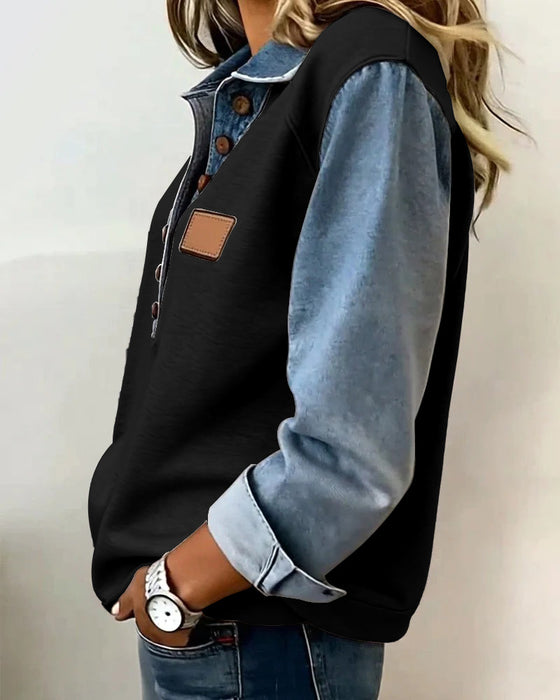 Sweatshirt mit stylischem Denim-Patchwork und langen Ärmeln