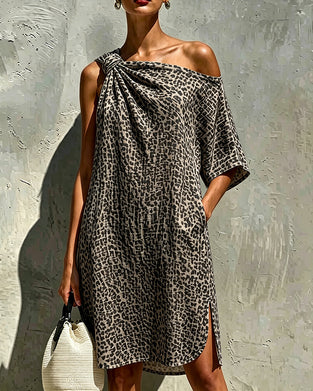 Kleid Leopardenmuster Ein-Schulter-Drehung