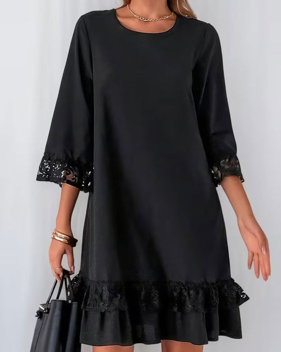 Kleid Rundhals Halblange Ärmel Spitzenflickwerk
