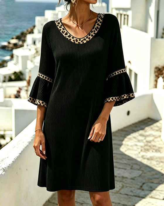 Kleid Schlagärmel Gerippt Leopard
