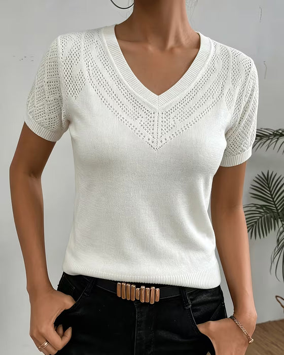 Einfarbige Figurbetonte Pullover Mit V-Ausschnitt Und Lochmuster