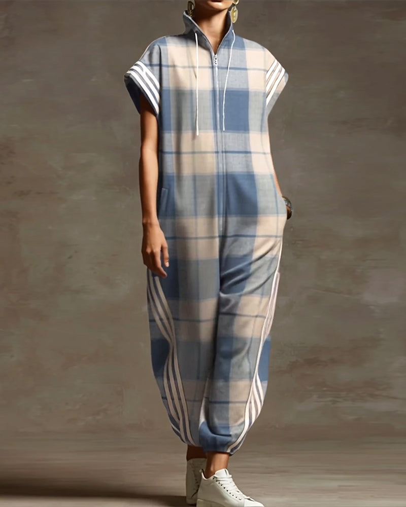 Overall Karo Stehkragen Reißverschluss Locker