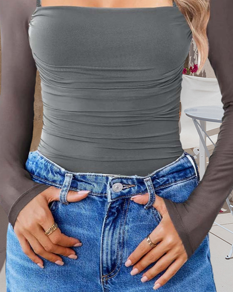 Oberteil Quadratischer Ausschnitt Mesh-Einsatz Langarm