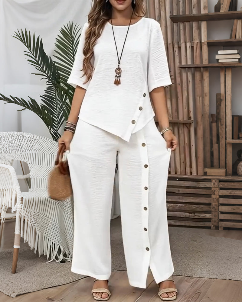 Set mit knopfverziertem unregelmäßigem Oberteil und Hose
