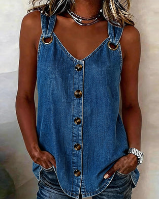 Tank Top Metallschnalle V-Ausschnitt Denim