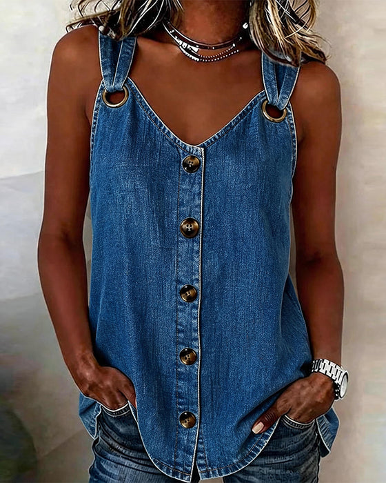 Tank Top Metallschnalle V-Ausschnitt Denim