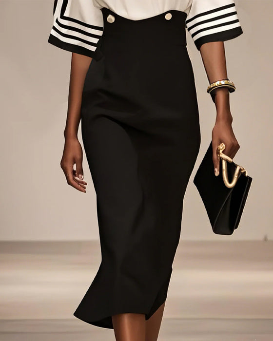 Kleid Stilvoll Gestreift Kontrast Taille