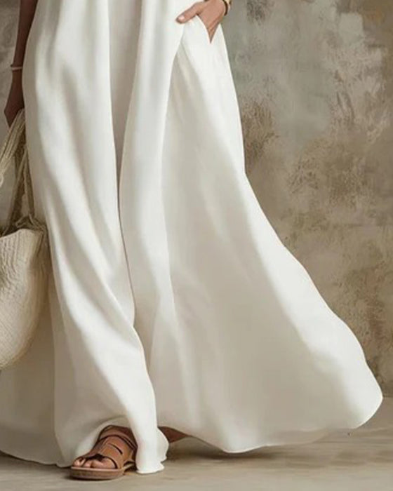 Kleid Träger Off-Shoulder Weiter Rock Uni Tasche