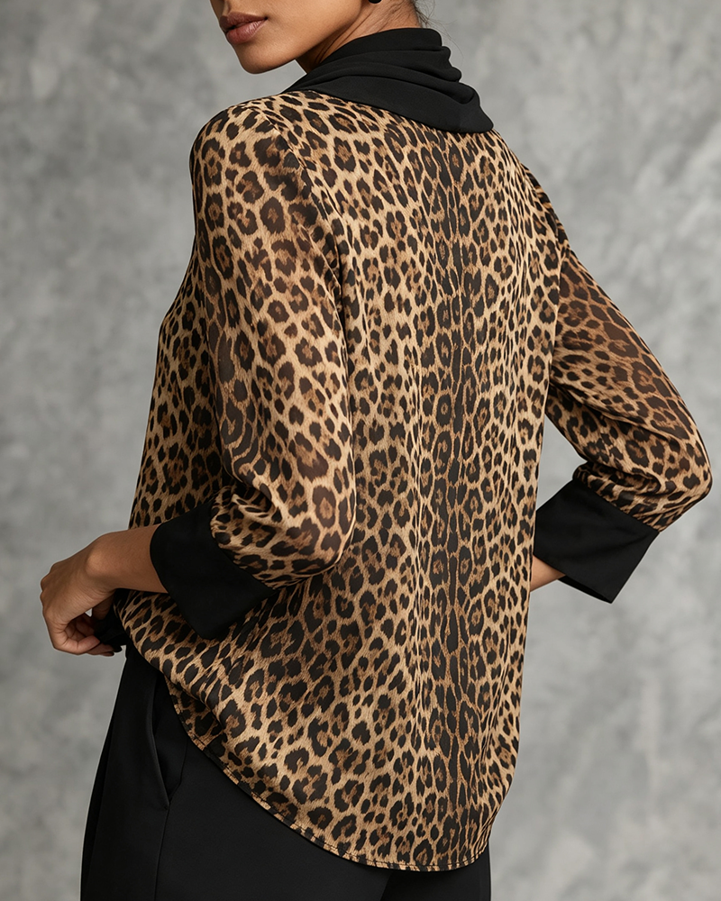 Bluse Mock Neck Leopard Ellenbogenlang Ärmel