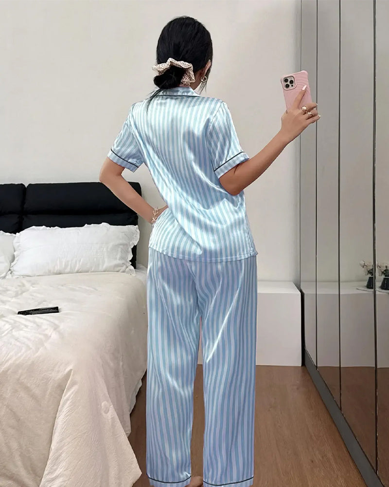 Pyjama-Set Gestreifter Hemdkragen Schleife